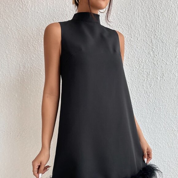 Black Preppy Womens Stand Neck Fuzzy Trim Dress - Picture 5 of 5